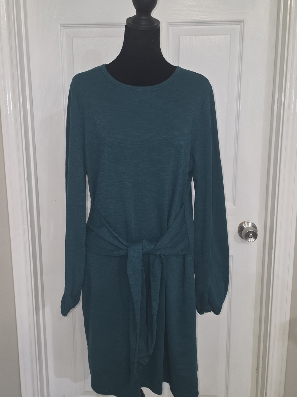 Pretty Garden Long-Sleeve Teal Tie-Waist Dress